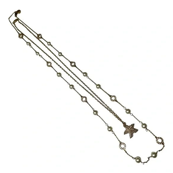 J Crew Gold Necklaces Starfish Chain Rhinestone Pearls Lot of 2 - Picture 2 of 8